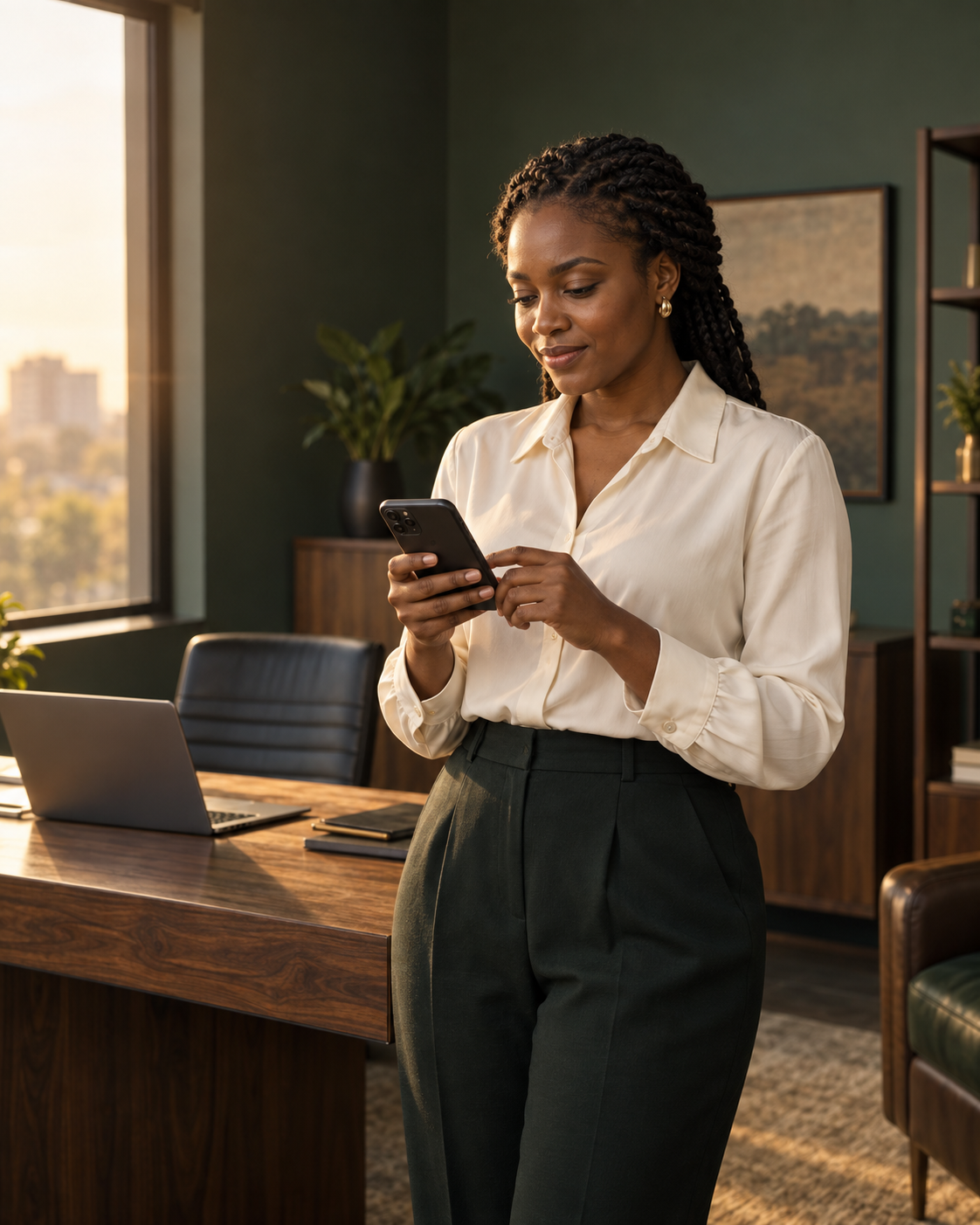 A businesswoman using her phone in a warmly lit office